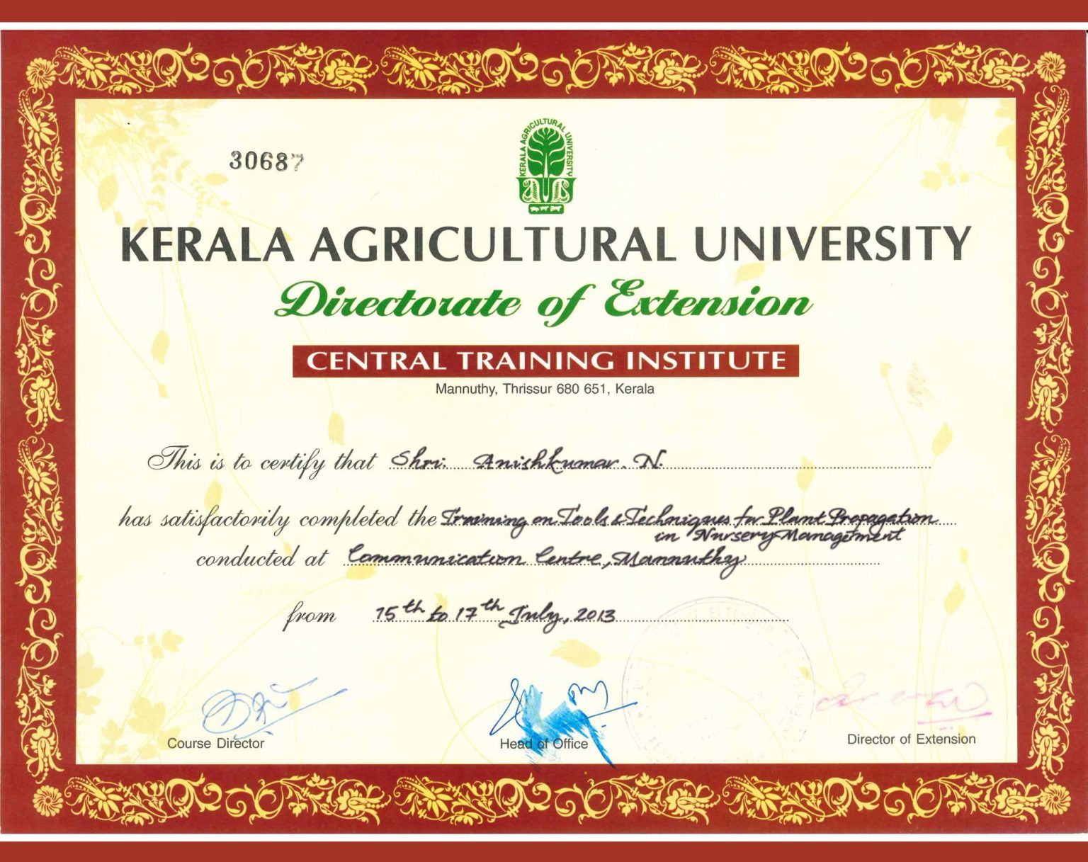KAU Nursery
KAU Nursery Management Training Certificate - Anish Nellickal, Ponnani