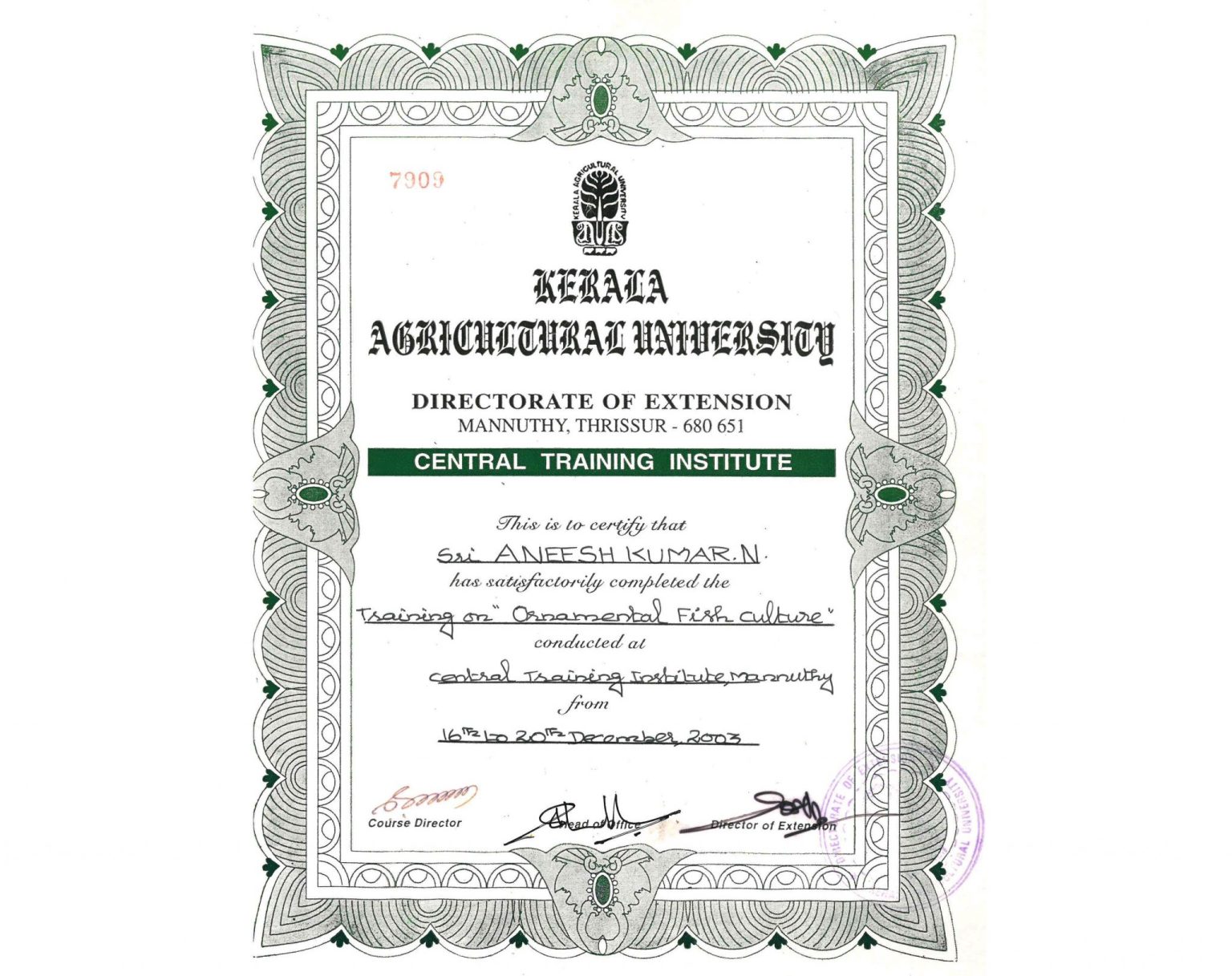 KAU Fish
KAU Ornamental Fish Culture Training Certificate - Anish Nellickal, Malappuram