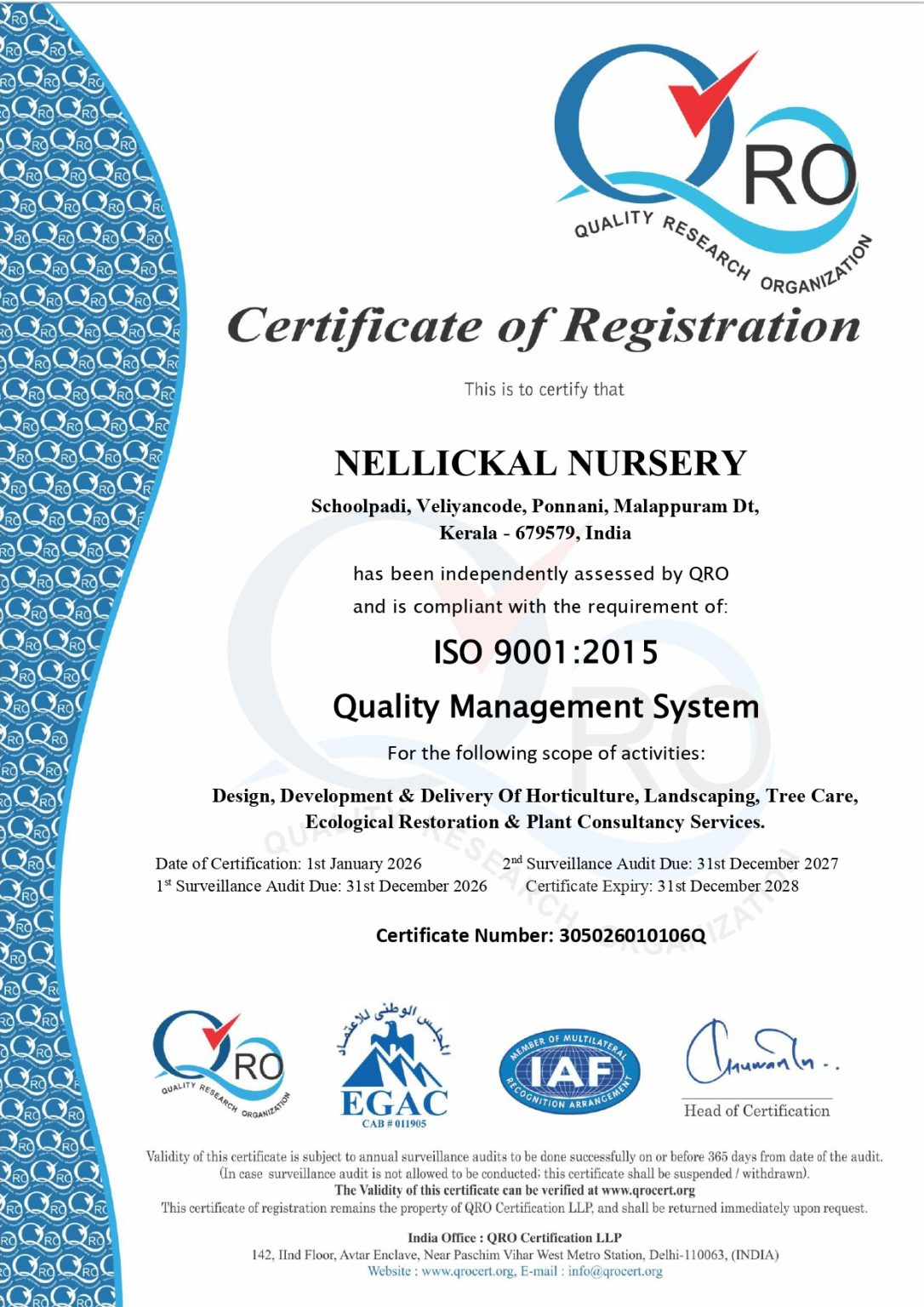 ISO 9001:2015
Nellickal Nursery ISO 9001:2015 Quality Management Certified in Ponnani, Malappuram